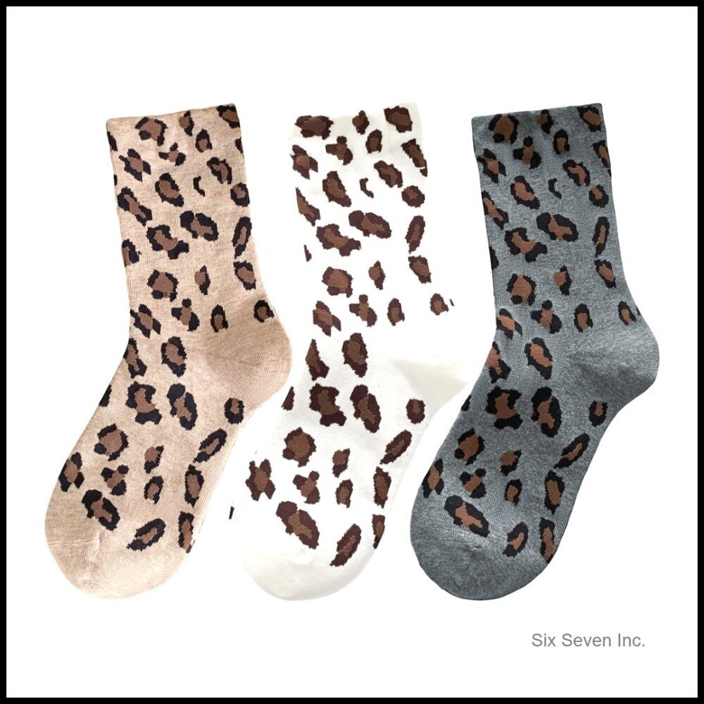 Leopard Print Crew Ankle Socks Cotton Blend Athletic Active Wear Trendy